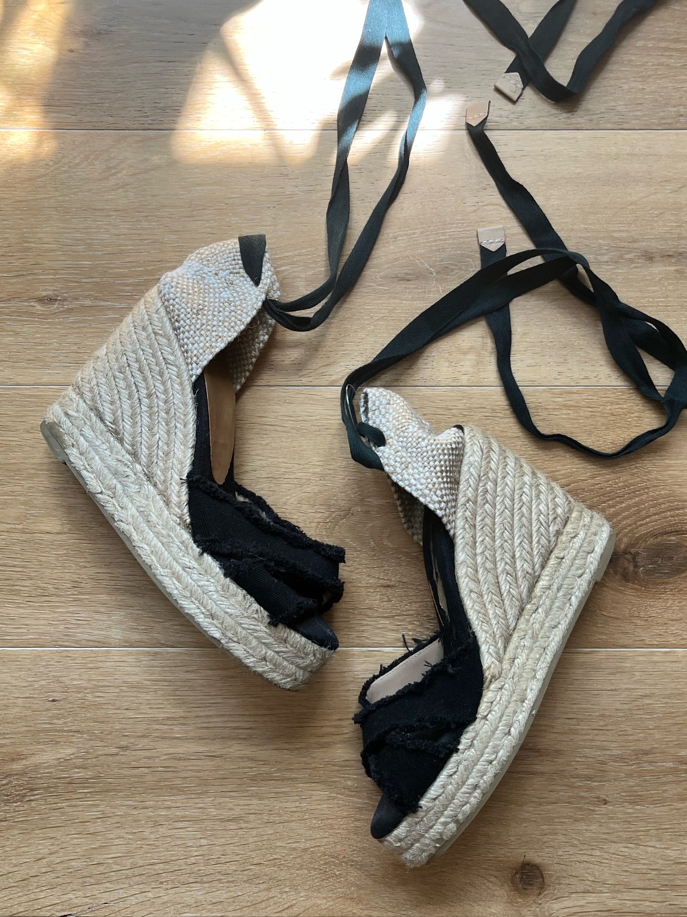 Castaner Black Canvas Espadrille Wedge Sandals with Natural Jute